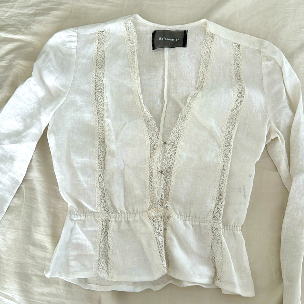 Reformation Odette 100% linen long sleeve lace inset peplum top sz XS